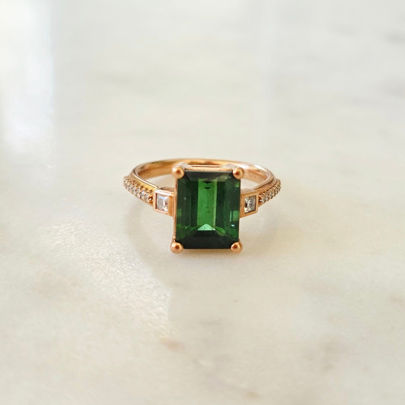 Green-tourmaline-rose-gold-emerald-cut-moissanite-solitaire-engagement-ring